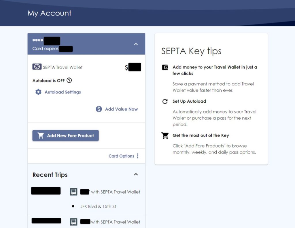 My Account — SEPTA Key card